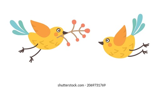 Two birds soar in the sky. White background. Vector.