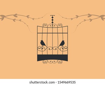 Two birds standing in a geometric cage.
