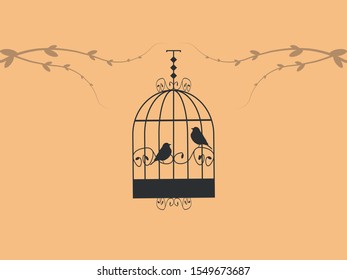 Two birds standing in a geometric cage.