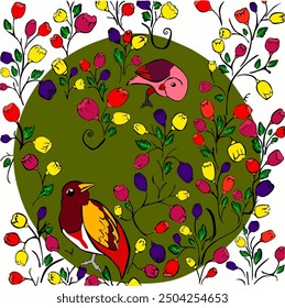Zwei Vögel, die sich zwischen den blühenden Blumen anstarren