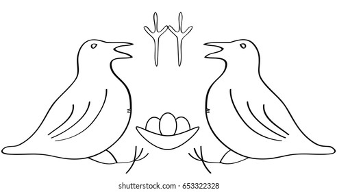 Two birds and their nest: outline. Coloring page.