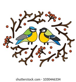 Two birds of the titmouse sit on the snow in winter. The branches and berries fell from the rowan tree.