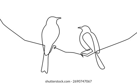 Dos Pájaros Juntos Dibujo Continuo De Una Línea. Par de pájaros simple dibujo de una línea. Ilustración de contorno minimalista. Vector 10. No es IA