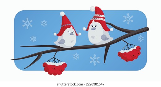 Two birds in winter hats sitting on the rowan twig - seasonal vector illustration for cards, christmas design, kids illustration