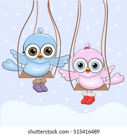 Two birds in winter. Snowing.