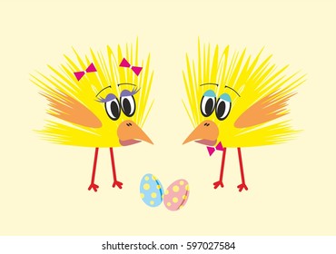 two birds yellow chick and eggs in a speck, speckled, vector