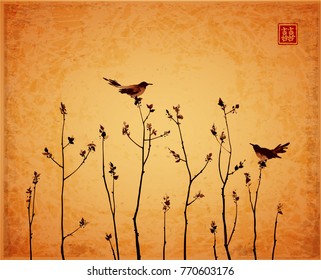 Two birds and young trees branches with fresh leaves on vintage background. Traditional oriental ink painting sumi-e, u-sin, go-hua. Contains hieroglyph - double luck.