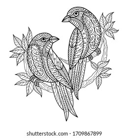 Two birds.
Zentangle stylized cartoon isolated on white background. 
Hand drawn sketch illustration for adult coloring book. 
