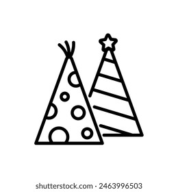 Two birthday cone hats outline icon. Editable stroke. Birthday, holiday symbol. Isolated vector illustration 