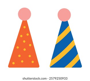 Two birthday hats with polka dots and stripes. Flat vector illustration for your holiday design