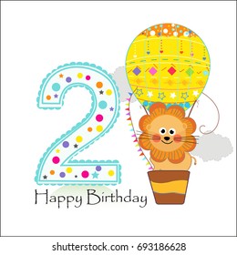 Two birthday with hot air balloon and lion. Happy birthday greeting card