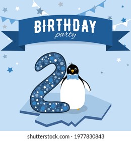 Two birthday party invitation. Postcard with boy penguin in blue colors.