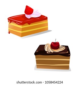 two biscuit slices of cake with strawberry and cherry for cafe menu, background and design. sweet and bright