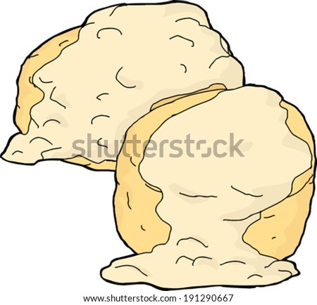 Two biscuits and gravy on white background