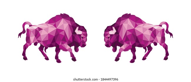 two bison, two bulls, isolated amethyst image on a white background in a low-poly style