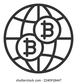 Dos bitcoines en el fondo del globo - icono, ilustración sobre fondo blanco, estilo de contorno