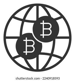 Dos bitcoines en el fondo del globo - icono, ilustración sobre fondo blanco, estilo glifo