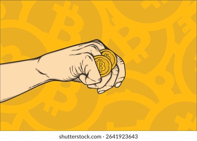 two bitcoins tucked between the fingers with a background stack of bitcoins