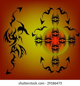 Two black abstract tattoos on the brown abstract background