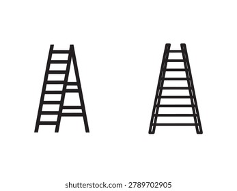 Two black Aframe ladders standing upright on white background for climbing and construction purposes
