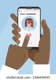 Two black afro male hands hold smartphone with Online dating app on screen. Online dating, long distance relationship. Finger presses heart button. Pretty caucasian profile. Flat vector illustration