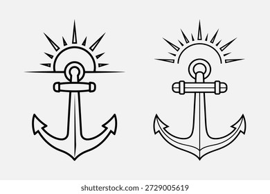Two black anchor illustrations with sun symbols on a white background, showcasing different designs.