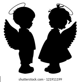 Duas silhuetas de anjo preto isoladas em branco