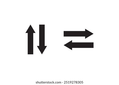 Zwei schwarze Pfeilsymbole, eines mit horizontalen Doppelpfeilen nach links und rechts, das andere mit vertikalen Pfeilen nach oben und unten, die Bewegung oder Richtung symbolisieren.