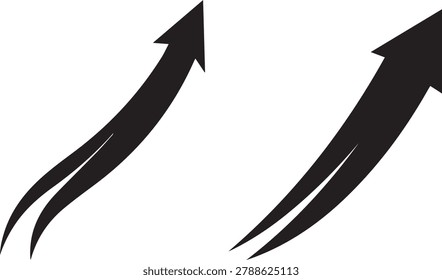 Two black arrow silhouettes on a white background symbolize upward direction, progress, and swift movement with curved tails.