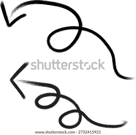 Two black arrows drawn with a brush stroke effect are depicted against a white background. The upper arrow curves from the top left to the right, while the lower arrow points to the left and also has a curved, spiraling tail. Both arrows have a rough, textured appearance typical of brush strokes.
