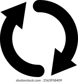 Two black arrows forming a circular shape, pointing toward each other, representing a continuous loop, cycle, or iterative process in motion and flow