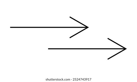 Two black arrows point to the right on a plain white background in a minimalistic style. Ideal for navigation, direction, flow representation, progress indication, and simple graphic design. Clean