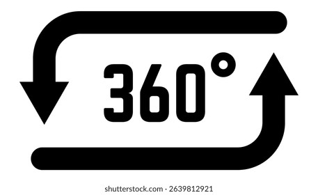 Two black arrows rotating 360 degrees with the number 360 in the center, representing virtual reality, augmented reality, and immersive experiences