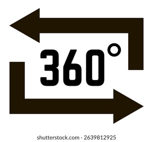 Two black arrows rotating clockwise around 360 degrees number symbolizing full panoramic view, virtual tour, immersive experience, augmented reality and modern technology