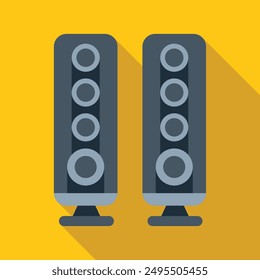 Two black audio speakers standing on yellow background, music equipment concept