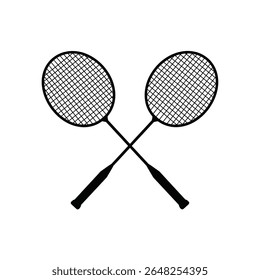 Duas raquetes de badminton pretas são representadas em uma silhueta cruzada sobre um fundo branco A imagem é um gráfico vetorial simples com um estilo minimalista limpo.