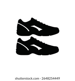 Two black badminton shoes are shown as a vector silhouette against a white background. The shoes have a simple design with a white stripe detail.