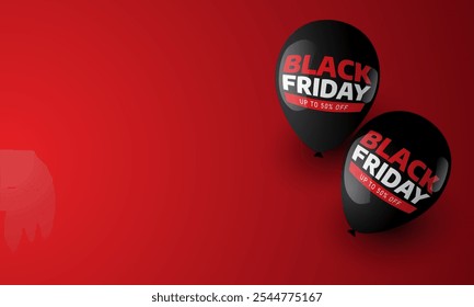 Two Black Balloons with black friday text on isolated red background. Suitable for Black friday sale banner.