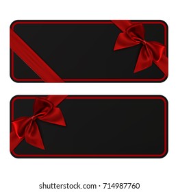 Two black banners. Blank gift card templates with red ribbon and bow. Vector illustration.