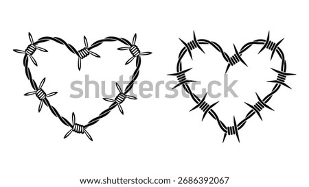 Two Black Barbed Wire Heart Silhouettes on White Background love symbol