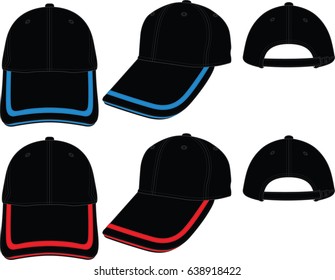 Two Black Baseball Cap With Blue-Red Single Line On Brim Cap and Sandwich, Adjustable Slide Zip Strap Design on White Background.