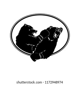 Two black bear fight. Emblem of Boxing wild animals. Silhouette Boxer in gloves.. Beast growls. Sport event. Art design. Vector illustration