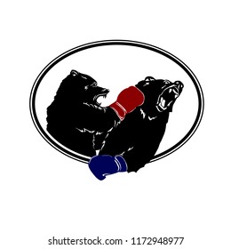 Two black bear fight. Emblem of Boxing wild animals. Silhouette Boxer in gloves.. Beast growls. Sport event. Art design. Vector illustration