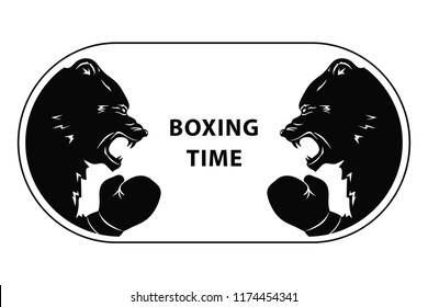 Two black bears fighting. Silhouettes of a wild animals in Boxing gloves. Emblem of snarling beasts for sport event. Art design. Vector illustration