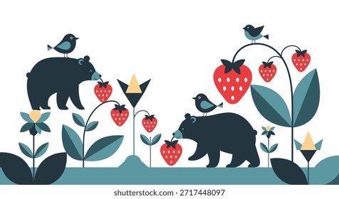 Dos osos negros recogiendo y comiendo fresas gigantes en un campo estilizado con pájaros y flores en estilo Vector plano.