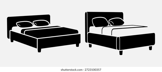 Dos camas negras con ropa de cama y almohadas blancas, una hecha y otra sin hacer, sobre un fondo claro.