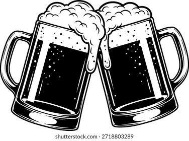 Duas canecas de cerveja preta que clinking com espuma transbordando e bolhas