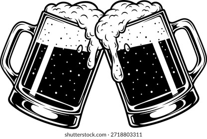 Duas canecas de cerveja preta que se enchem com espuma e bolhas em uma torrada