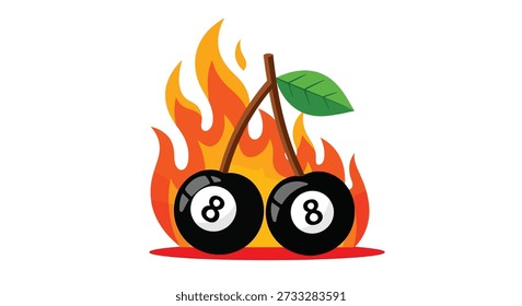 Two black billiard balls with the number 8, shaped like cherries, are depicted with a green leaf and stem, engulfed in vibrant orange and yellow flames.