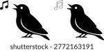 Two black bird silhouettes are depicted singing, accompanied by musical notes, creating a cheerful and melodic visual.